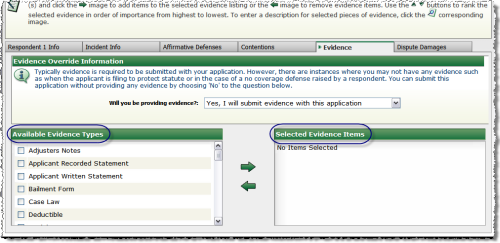 Evidence Tab Sections